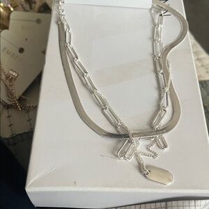 Nine West Silver Multi-Layer Chain Necklace with Tag Pendant